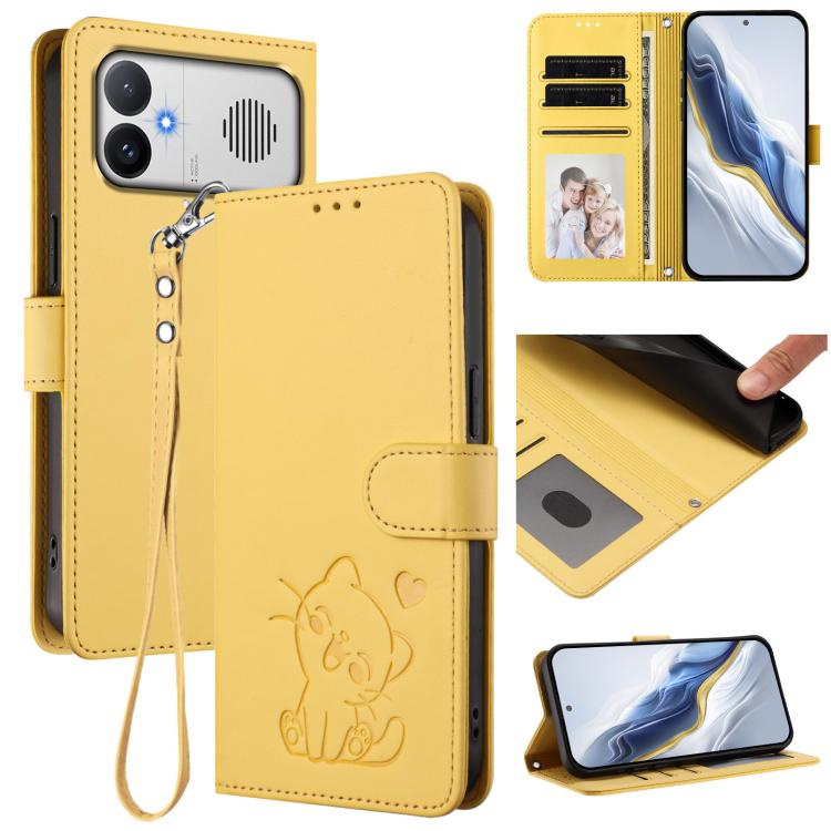 Embossed Heart Cat Leather Phone Case with Hand Strap, For Redmi A5 4G 171.7mm / Xiaomi Poco C71, For Redmi K90 Max 5G