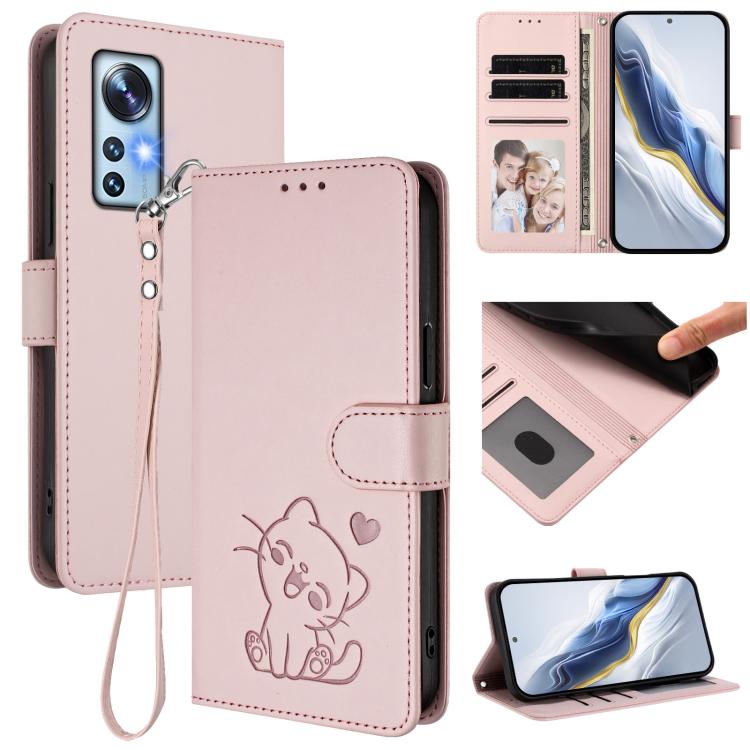 Embossed Heart Cat Leather Phone Case with Hand Strap, For Xiaomi 12 5G / 12X 5G / 12S 5G, For Xiaomi 12 Lite