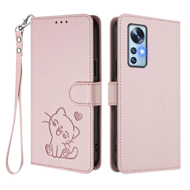 Embossed Heart Cat Leather Phone Case with Hand Strap, For Xiaomi 12 5G / 12X 5G / 12S 5G, For Xiaomi 12 Lite