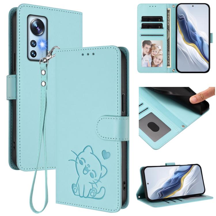 Embossed Heart Cat Leather Phone Case with Hand Strap, For Xiaomi 12 5G / 12X 5G / 12S 5G, For Xiaomi 12 Lite