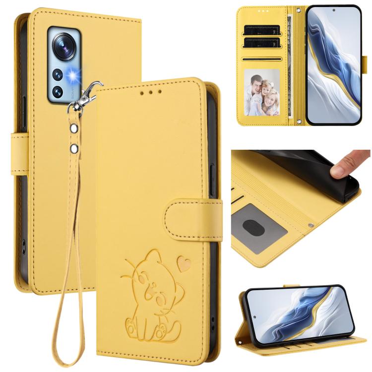 Embossed Heart Cat Leather Phone Case with Hand Strap, For Xiaomi 12 5G / 12X 5G / 12S 5G, For Xiaomi 12 Lite