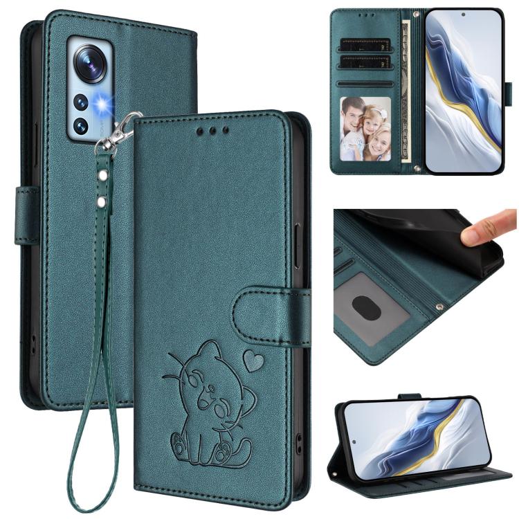 Embossed Heart Cat Leather Phone Case with Hand Strap, For Xiaomi 12 5G / 12X 5G / 12S 5G, For Xiaomi 12 Lite