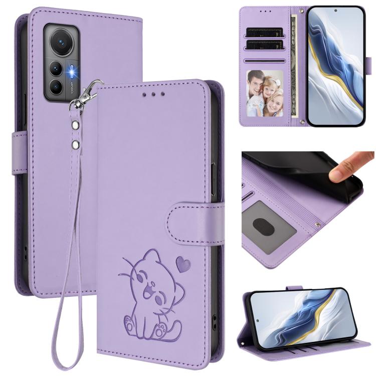 Embossed Heart Cat Leather Phone Case with Hand Strap, For Xiaomi 12 5G / 12X 5G / 12S 5G, For Xiaomi 12 Lite