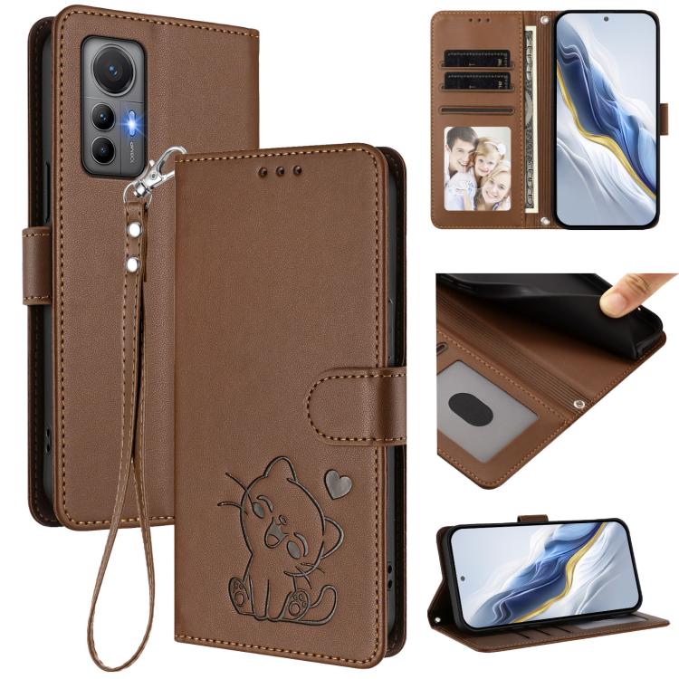 Embossed Heart Cat Leather Phone Case with Hand Strap, For Xiaomi 12 5G / 12X 5G / 12S 5G, For Xiaomi 12 Lite
