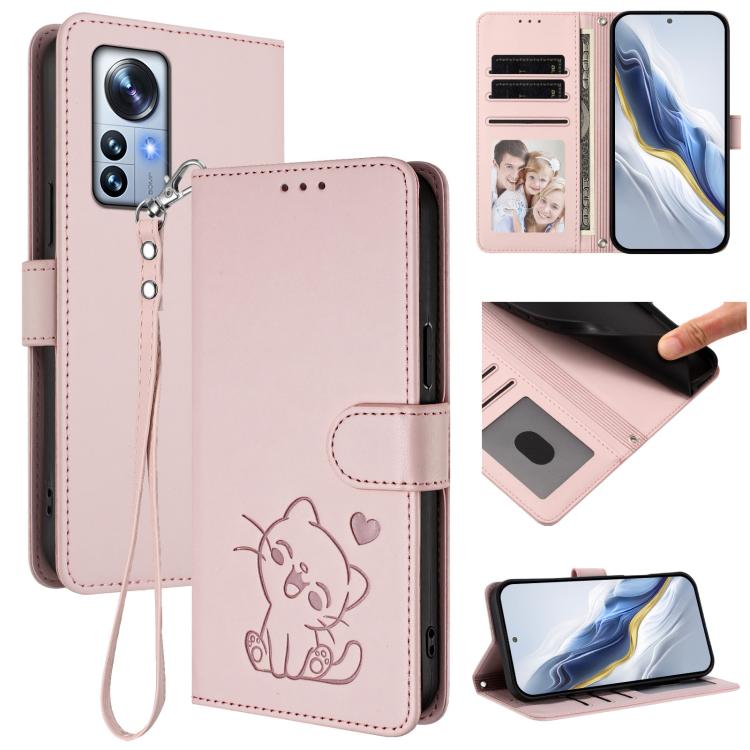 Embossed Heart Cat Leather Phone Case with Hand Strap, For Xiaomi 12S Ultra, For Xiaomi 12 Pro / 12S Pro