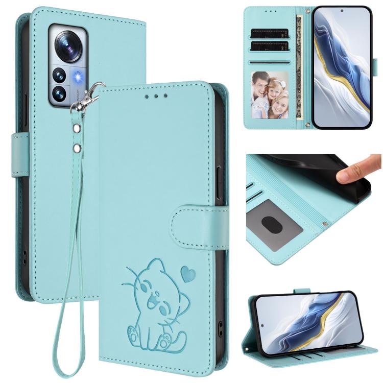 Embossed Heart Cat Leather Phone Case with Hand Strap, For Xiaomi 12S Ultra, For Xiaomi 12 Pro / 12S Pro