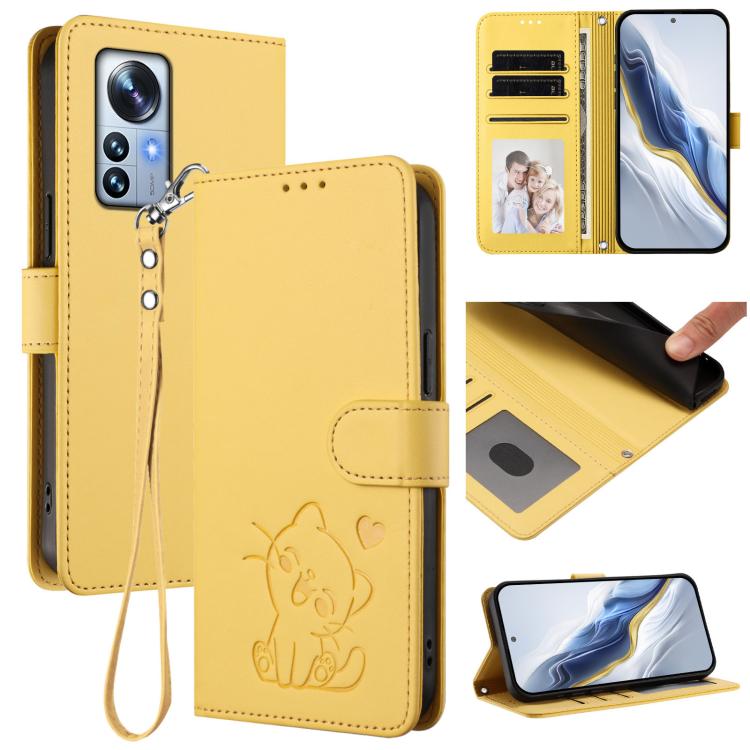 Embossed Heart Cat Leather Phone Case with Hand Strap, For Xiaomi 12S Ultra, For Xiaomi 12 Pro / 12S Pro