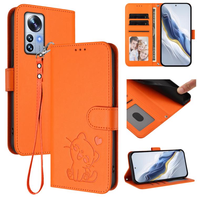 Embossed Heart Cat Leather Phone Case with Hand Strap, For Xiaomi 12S Ultra, For Xiaomi 12 Pro / 12S Pro