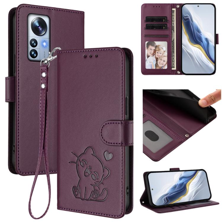 Embossed Heart Cat Leather Phone Case with Hand Strap, For Xiaomi 12S Ultra, For Xiaomi 12 Pro / 12S Pro