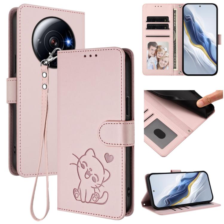 Embossed Heart Cat Leather Phone Case with Hand Strap, For Xiaomi 12S Ultra, For Xiaomi 12 Pro / 12S Pro