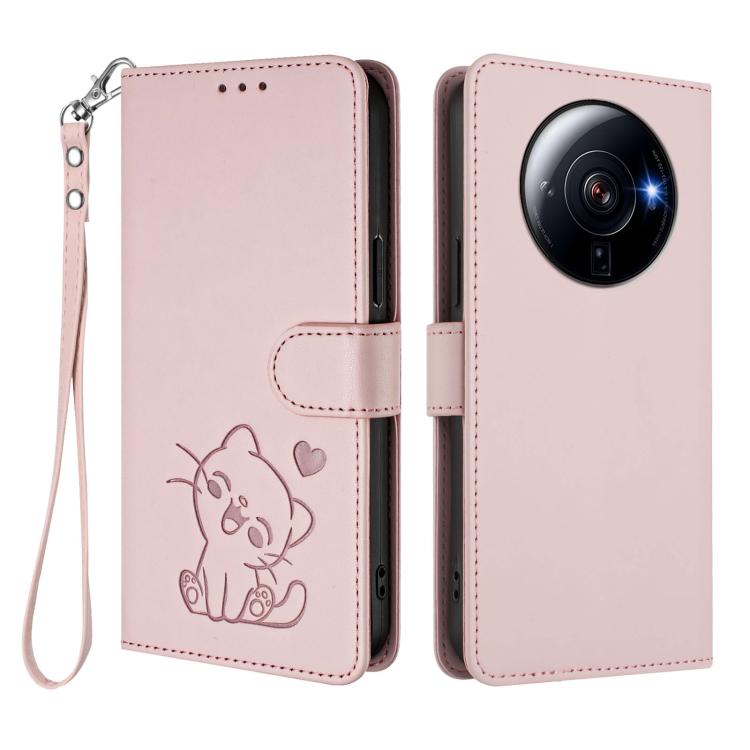 Embossed Heart Cat Leather Phone Case with Hand Strap, For Xiaomi 12S Ultra, For Xiaomi 12 Pro / 12S Pro