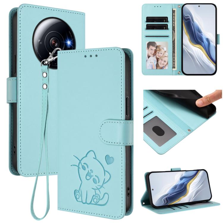 Embossed Heart Cat Leather Phone Case with Hand Strap, For Xiaomi 12S Ultra, For Xiaomi 12 Pro / 12S Pro