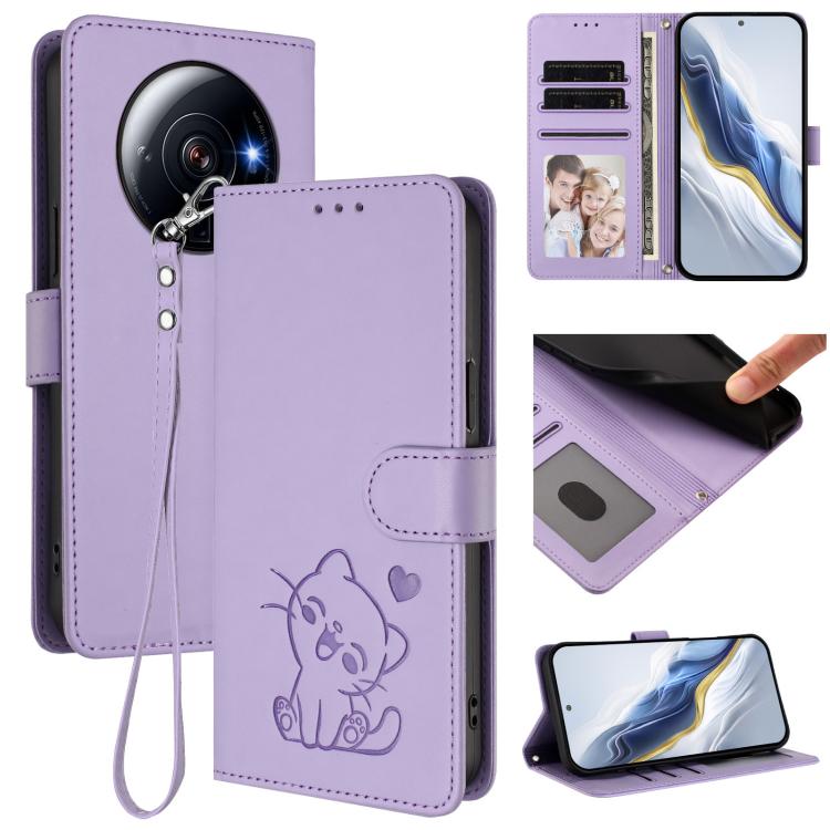 Embossed Heart Cat Leather Phone Case with Hand Strap, For Xiaomi 12S Ultra, For Xiaomi 12 Pro / 12S Pro
