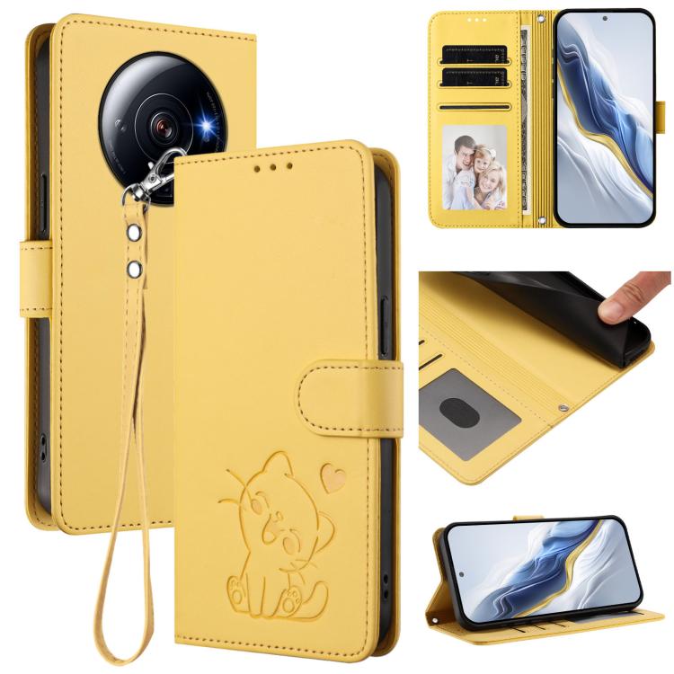 Embossed Heart Cat Leather Phone Case with Hand Strap, For Xiaomi 12S Ultra, For Xiaomi 12 Pro / 12S Pro