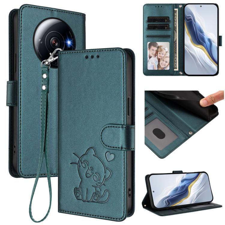 Embossed Heart Cat Leather Phone Case with Hand Strap, For Xiaomi 12S Ultra, For Xiaomi 12 Pro / 12S Pro