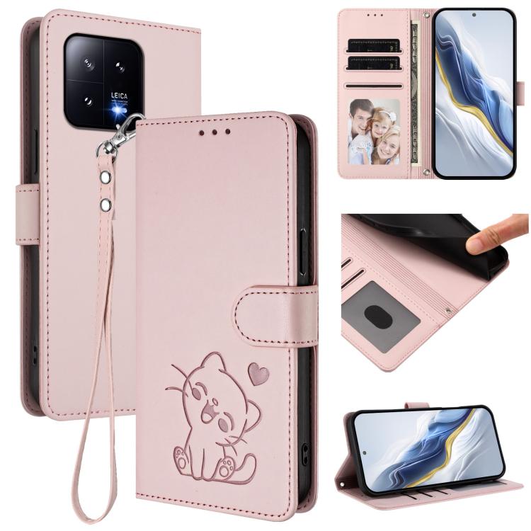 Embossed Heart Cat Leather Phone Case with Hand Strap, For Xiaomi 13 Pro 5G, For Xiaomi 13 5G