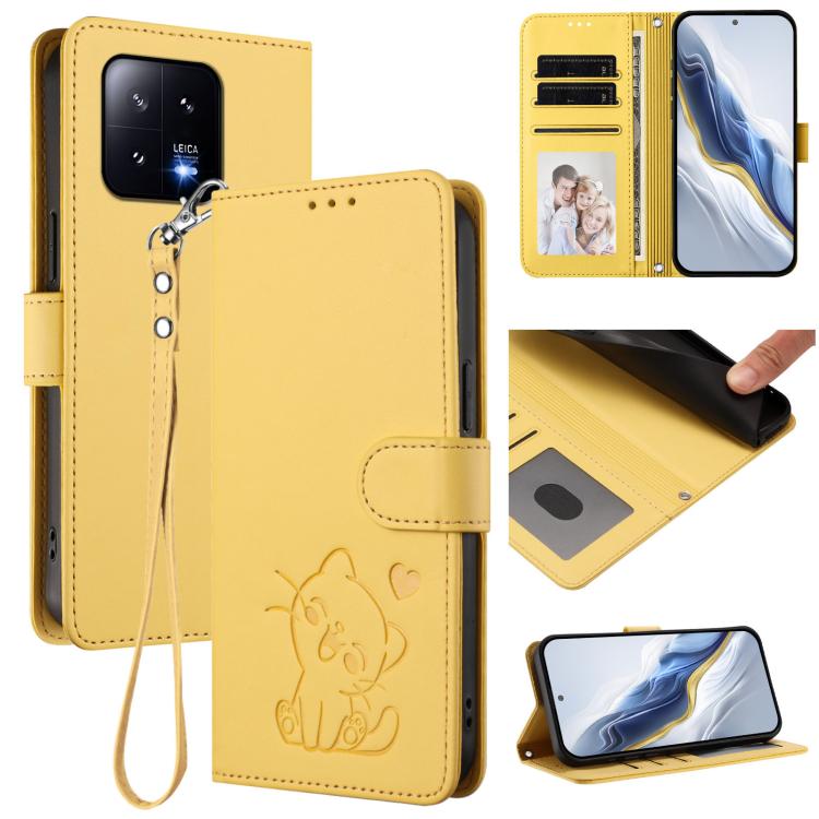 Embossed Heart Cat Leather Phone Case with Hand Strap, For Xiaomi 13 Pro 5G, For Xiaomi 13 5G