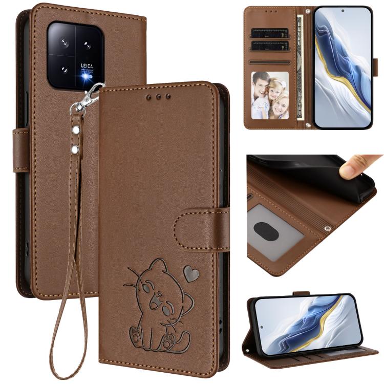 Embossed Heart Cat Leather Phone Case with Hand Strap, For Xiaomi 13 Pro 5G, For Xiaomi 13 5G