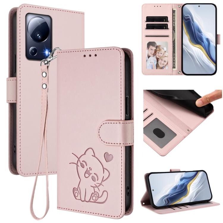 Embossed Heart Cat Leather Phone Case with Hand Strap, For Xiaomi Civi 3 5G, For Xiaomi 13 Lite 5G / Civi 2