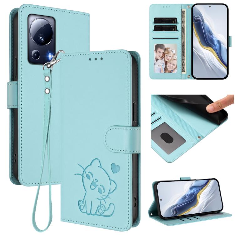 Embossed Heart Cat Leather Phone Case with Hand Strap, For Xiaomi Civi 3 5G, For Xiaomi 13 Lite 5G / Civi 2