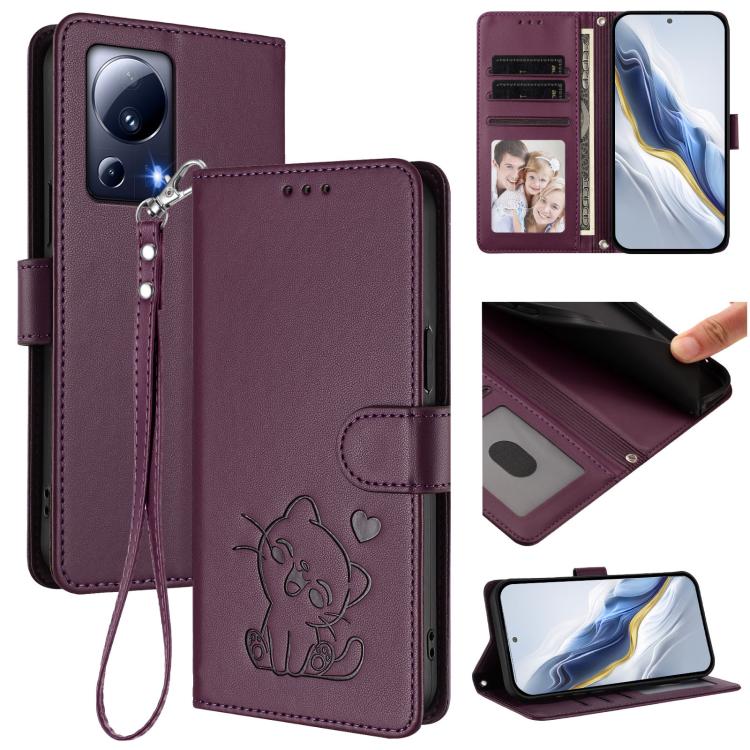 Embossed Heart Cat Leather Phone Case with Hand Strap, For Xiaomi Civi 3 5G, For Xiaomi 13 Lite 5G / Civi 2