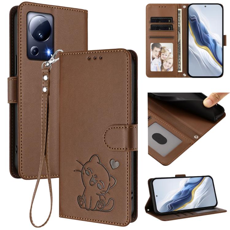 Embossed Heart Cat Leather Phone Case with Hand Strap, For Xiaomi Civi 3 5G, For Xiaomi 13 Lite 5G / Civi 2