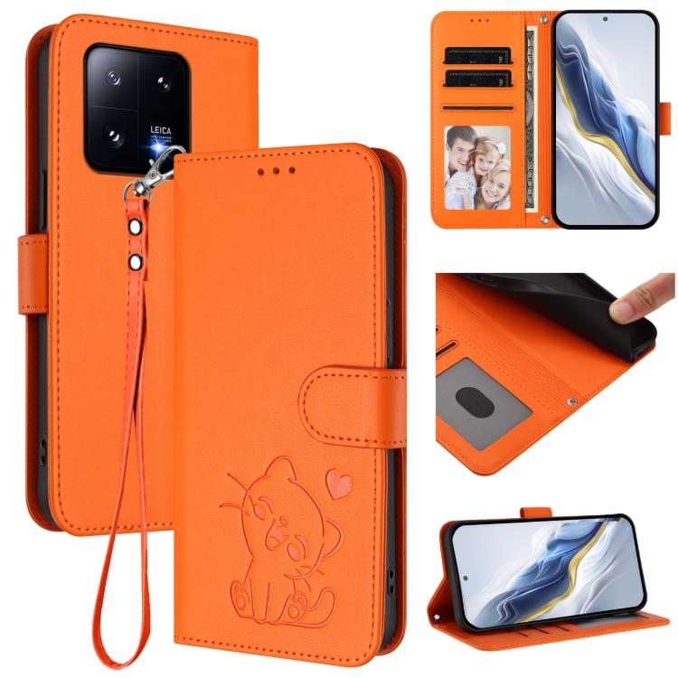 Embossed Heart Cat Leather Phone Case with Hand Strap, For Xiaomi 13 Pro 5G, For Xiaomi 13 5G