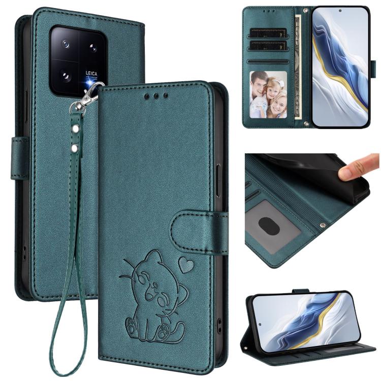 Embossed Heart Cat Leather Phone Case with Hand Strap, For Xiaomi 13 Pro 5G, For Xiaomi 13 5G