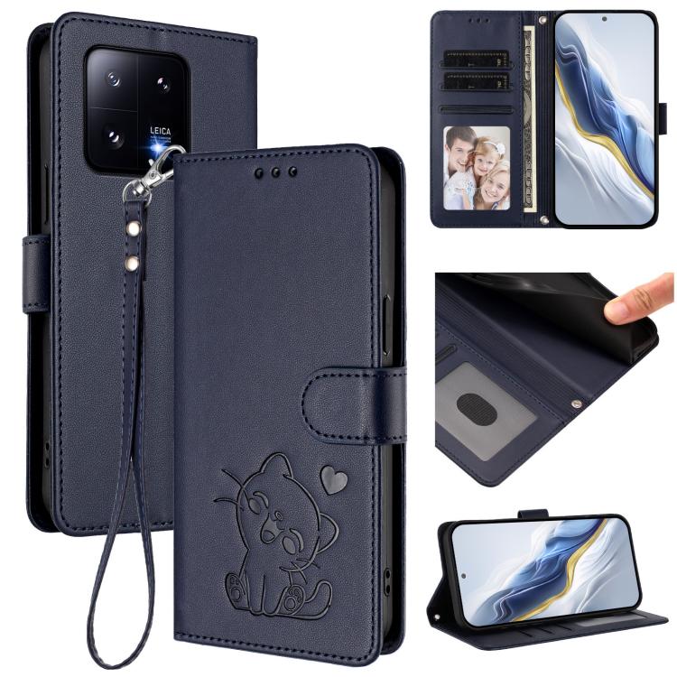 Embossed Heart Cat Leather Phone Case with Hand Strap, For Xiaomi 13 Pro 5G, For Xiaomi 13 5G