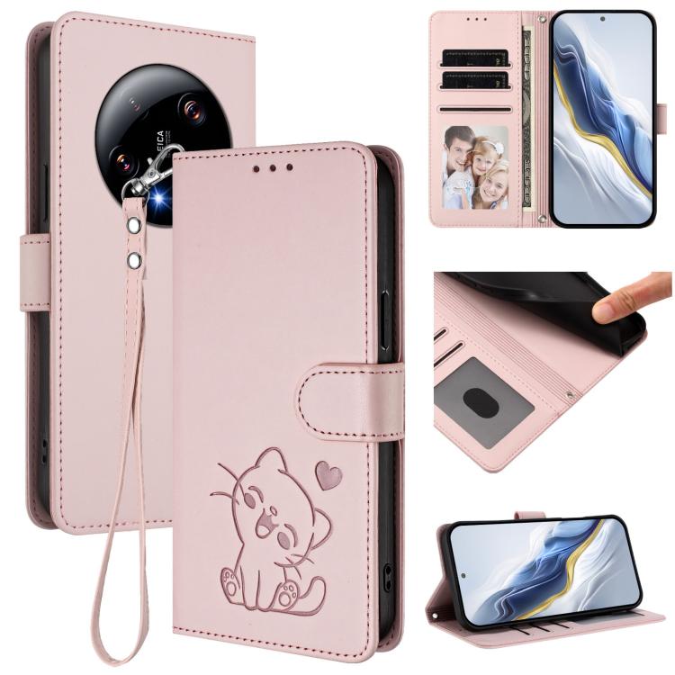 Embossed Heart Cat Leather Phone Case with Hand Strap, For Xiaomi 13T / 13T Pro 5G, For Xiaomi 13 Ultra