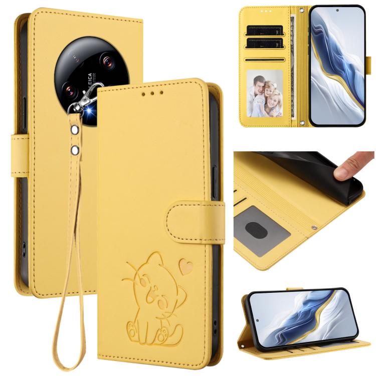 Embossed Heart Cat Leather Phone Case with Hand Strap, For Xiaomi 13T / 13T Pro 5G, For Xiaomi 13 Ultra