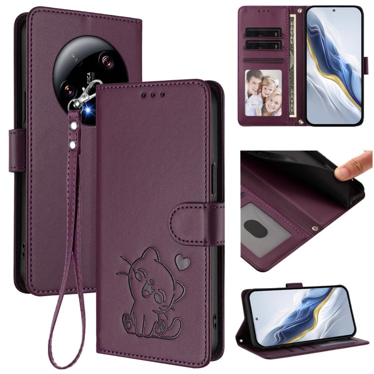 Embossed Heart Cat Leather Phone Case with Hand Strap, For Xiaomi 13T / 13T Pro 5G, For Xiaomi 13 Ultra