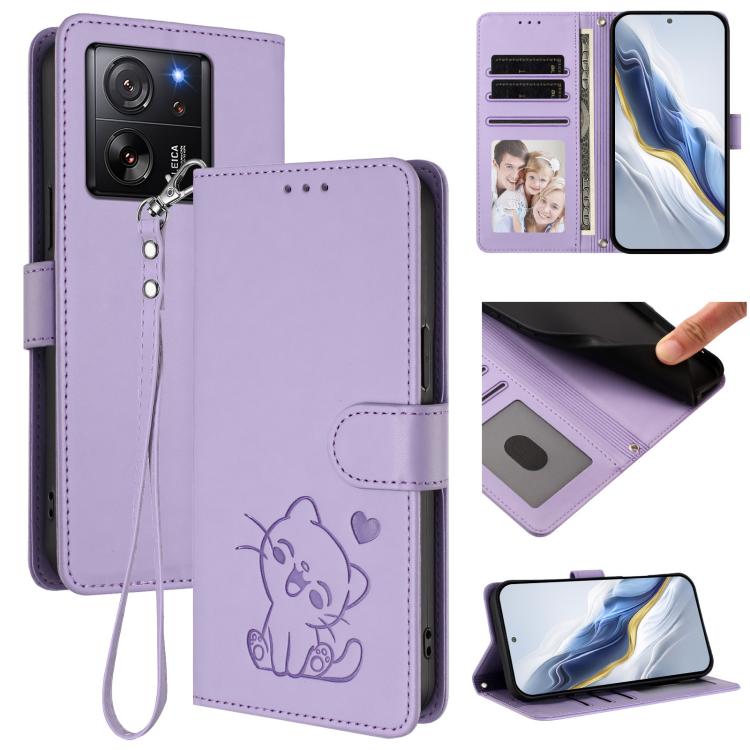 Embossed Heart Cat Leather Phone Case with Hand Strap, For Xiaomi 13T / 13T Pro 5G, For Xiaomi 13 Ultra