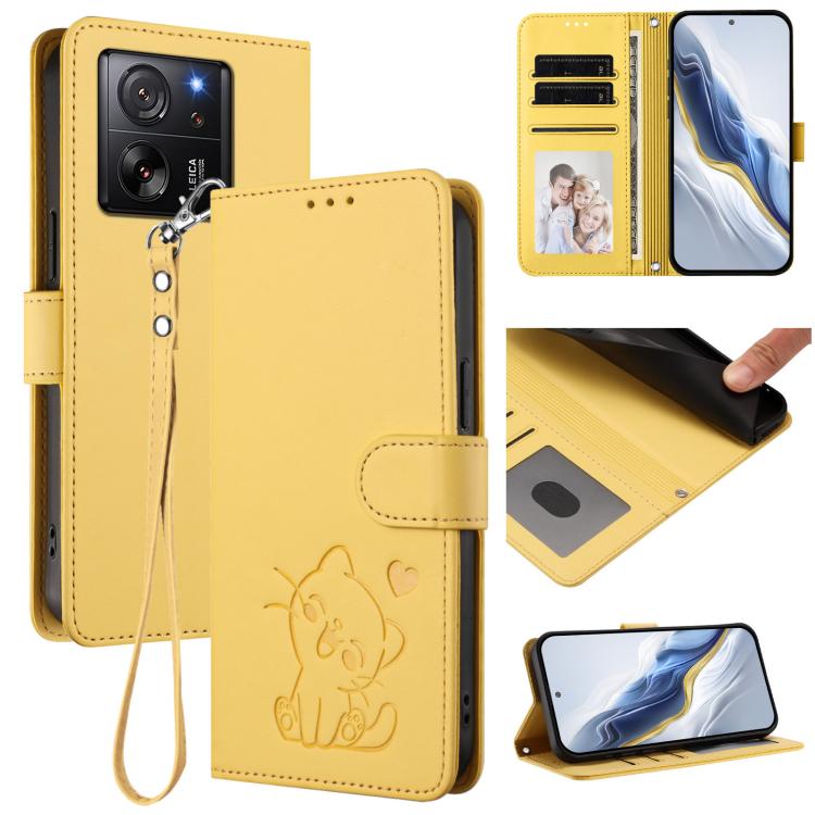 Embossed Heart Cat Leather Phone Case with Hand Strap, For Xiaomi 13T / 13T Pro 5G, For Xiaomi 13 Ultra