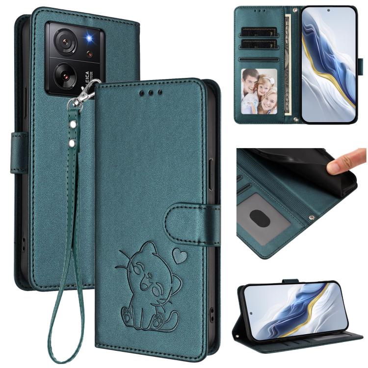 Embossed Heart Cat Leather Phone Case with Hand Strap, For Xiaomi 13T / 13T Pro 5G, For Xiaomi 13 Ultra