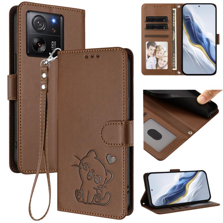 Embossed Heart Cat Leather Phone Case with Hand Strap, For Xiaomi 13T / 13T Pro 5G, For Xiaomi 13 Ultra