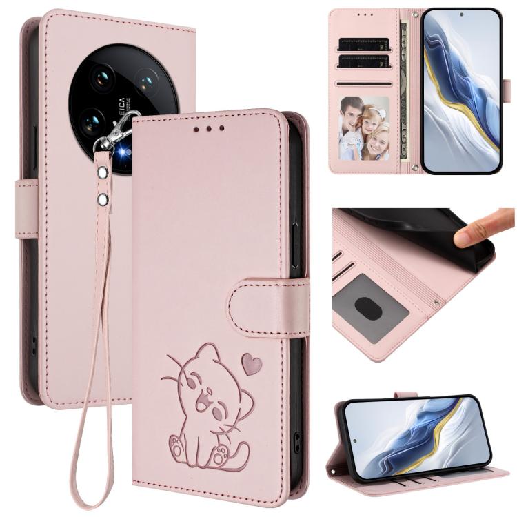Embossed Heart Cat Leather Phone Case with Hand Strap, For Xiaomi Poco X6 Pro 5G / Redmi K70E 5G, For Xiaomi 14 Ultra 5G