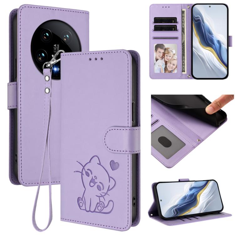 Embossed Heart Cat Leather Phone Case with Hand Strap, For Xiaomi Poco X6 Pro 5G / Redmi K70E 5G, For Xiaomi 14 Ultra 5G