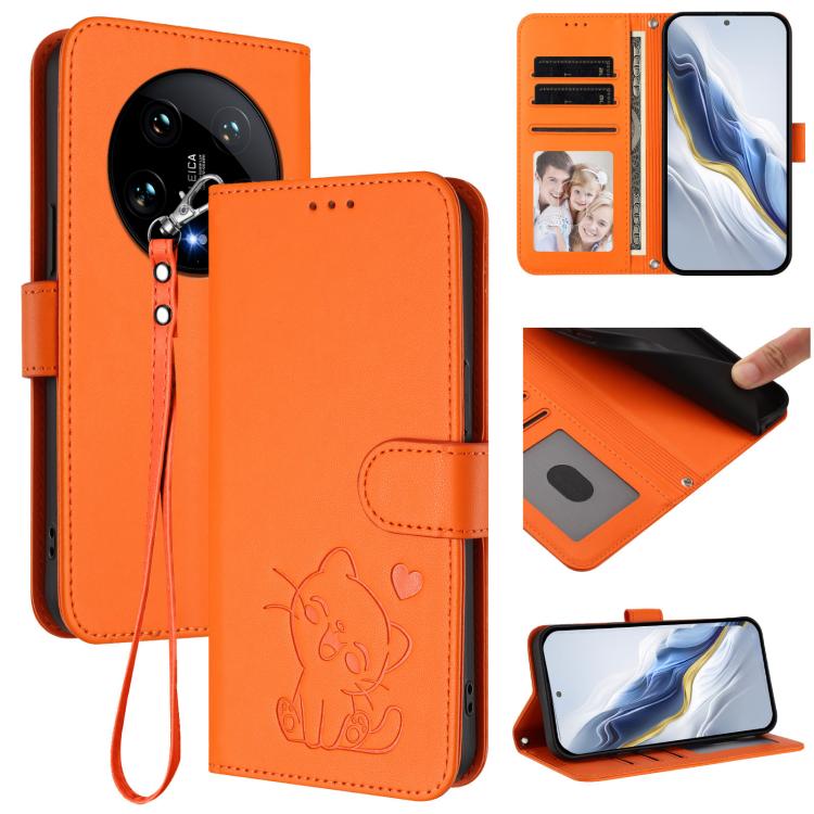 Embossed Heart Cat Leather Phone Case with Hand Strap, For Xiaomi Poco X6 Pro 5G / Redmi K70E 5G, For Xiaomi 14 Ultra 5G