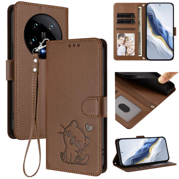 Embossed Heart Cat Leather Phone Case with Hand Strap, For Xiaomi Poco X6 Pro 5G / Redmi K70E 5G, For Xiaomi 14 Ultra 5G