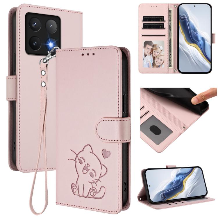 Embossed Heart Cat Leather Phone Case with Hand Strap, For Xiaomi 14T 5G, For Xiaomi Poco F6 5G