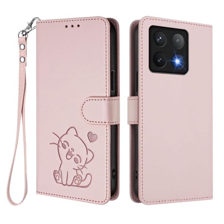 Embossed Heart Cat Leather Phone Case with Hand Strap, For Xiaomi 14T 5G, For Xiaomi Poco F6 5G