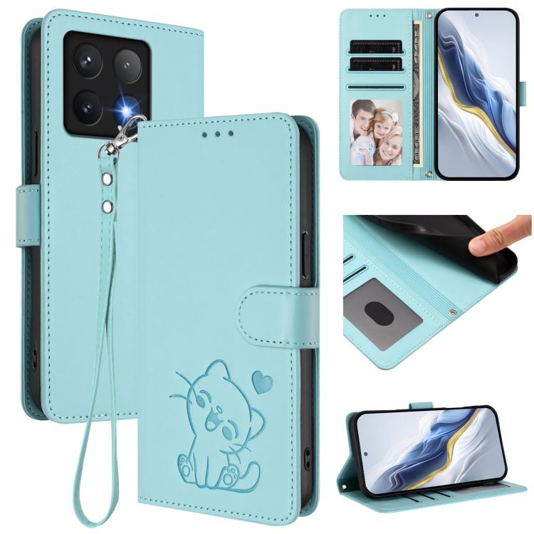 Embossed Heart Cat Leather Phone Case with Hand Strap, For Xiaomi 14T 5G, For Xiaomi Poco F6 5G
