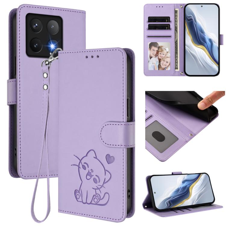 Embossed Heart Cat Leather Phone Case with Hand Strap, For Xiaomi 14T 5G, For Xiaomi Poco F6 5G