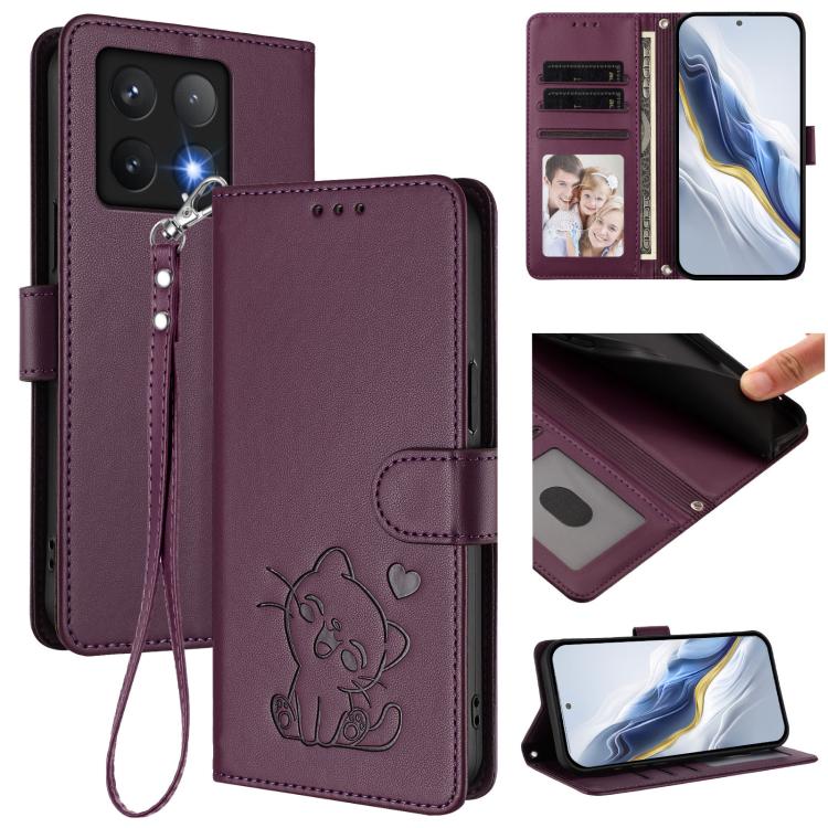 Embossed Heart Cat Leather Phone Case with Hand Strap, For Xiaomi 14T 5G, For Xiaomi Poco F6 5G