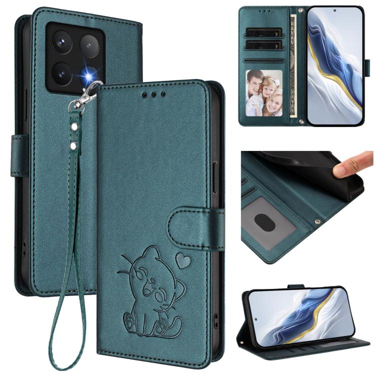 Embossed Heart Cat Leather Phone Case with Hand Strap, For Xiaomi 14T 5G, For Xiaomi Poco F6 5G