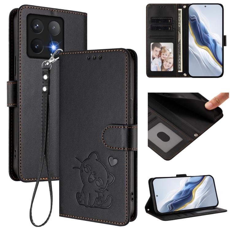 Embossed Heart Cat Leather Phone Case with Hand Strap, For Xiaomi 14T 5G, For Xiaomi Poco F6 5G