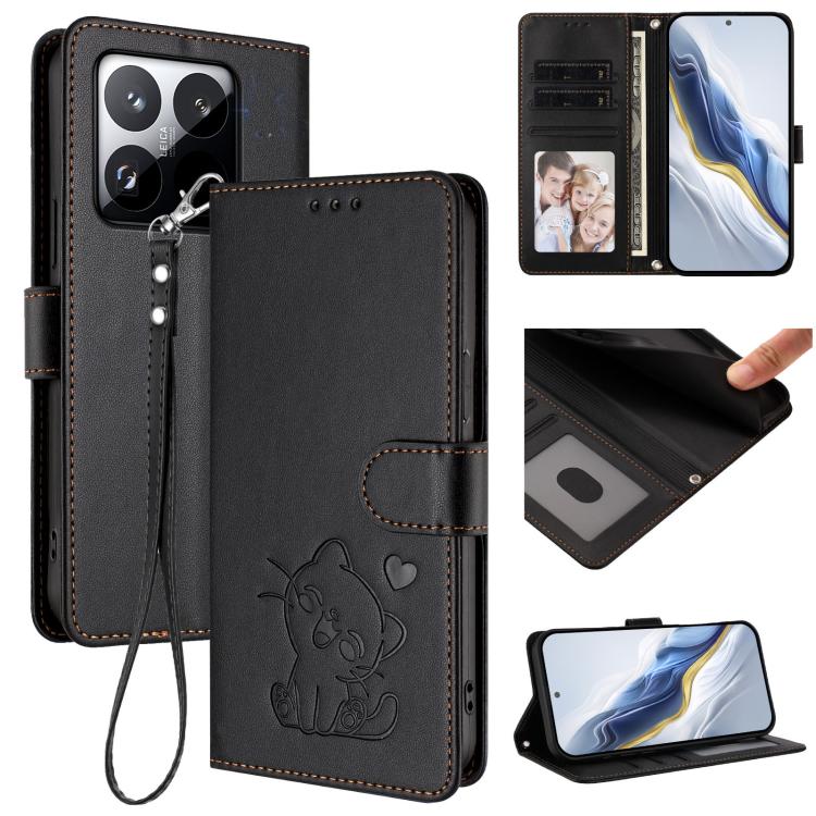 Embossed Heart Cat Leather Phone Case with Hand Strap, For Xiaomi 15T Pro 5G, For Xiaomi 15T 5G