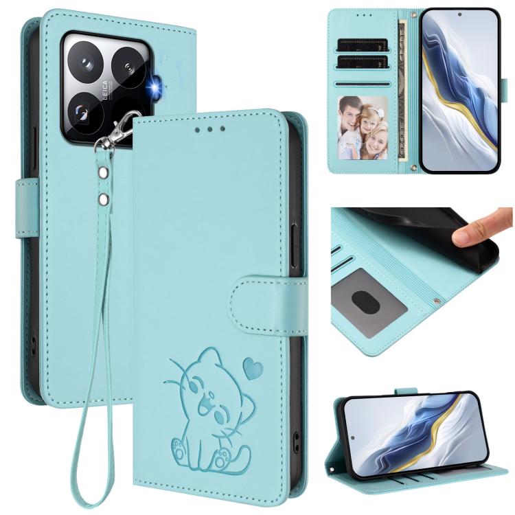 Embossed Heart Cat Leather Phone Case with Hand Strap, For Xiaomi 15T Pro 5G, For Xiaomi 15T 5G