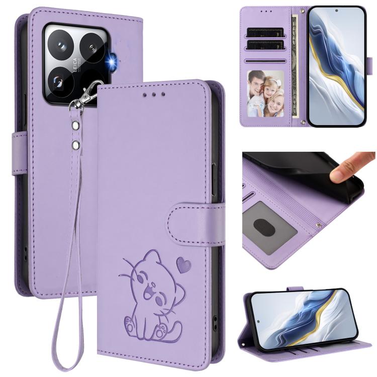 Embossed Heart Cat Leather Phone Case with Hand Strap, For Xiaomi 15T Pro 5G, For Xiaomi 15T 5G
